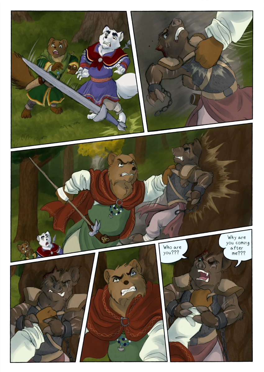 2021 absurd_res ambiguous_gender anthro arctic_fox bear biped bjekkergauken blood bodily_fluids bow_(weapon) brown_bear brown_body brown_fur brown_tail canid canine clothed clothing colored comic day dialogue dialogue_box english_text female fight fox fur grabbed green_clothing group gulonine herja_(bjekkergauken) hi_res hillevi mammal marten melee_weapon mustelid musteline outside pine_marten plant polearm ranged_weapon red_cloak shirin_(bjekkergauken) size_difference spear speech_bubble suid suina sus_(pig) sword tail text tree unni_(bjekkergauken) ursine weapon white_body white_fur wild_boar