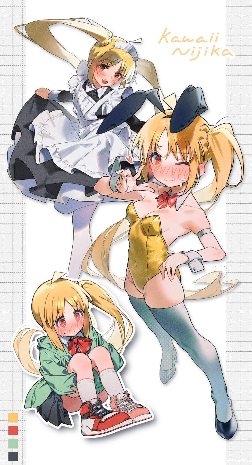 1girl @_@ absurdres ahoge animal_ears apron artist_name black_dress black_skirt blonde_hair blush bocchi_the_rock! bow bowtie breasts commentary_request covered_navel detached_ahoge detached_collar dress embarrassed fake_animal_ears floating floating_hair full_body green_jacket grey_footwear high_heels highres ijichi_nijika jacket leg_up leotard long_hair long_sleeves looking_at_viewer maid_apron maid_headdress multiple_views one_eye_closed open_mouth orange_eyes pantyhose parted_bangs playboy_bunny rabbit_ears red_bow red_bowtie red_eyes red_footwear shirt shoes side_ponytail simple_background sitting skindentation skirt skirt_hold small_breasts smile sneakers sofa_(enogunomu) sweat sweatdrop teeth thighhighs thighs twitter_username v very_long_hair white_apron white_background white_pantyhose white_shirt white_thighhighs wrist_cuffs yellow_leotard
