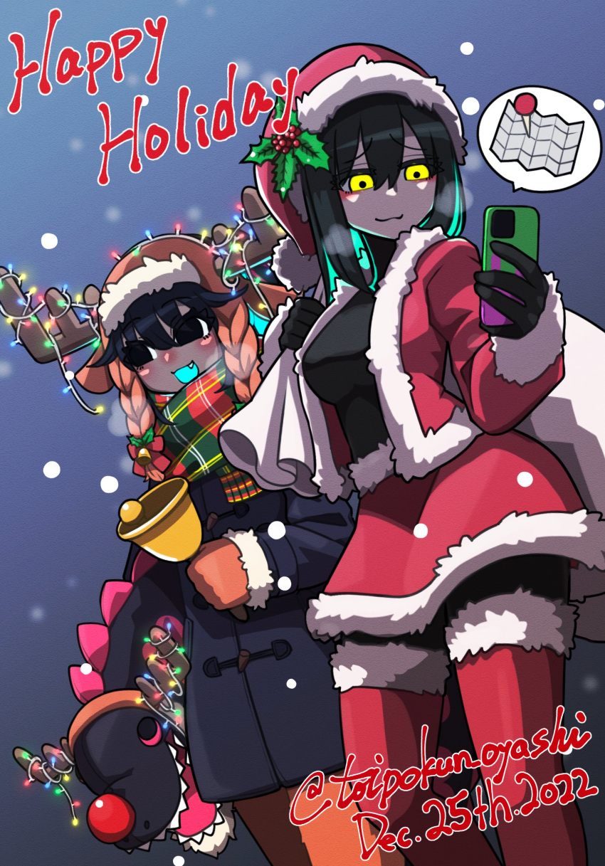 2girls :3 antlers artist_name bell black_coat black_gloves black_hair blue_background blue_hair blue_tongue breath christmas christmas_lights closed_mouth coat colored_inner_hair colored_tongue dated fang fur-trimmed_headwear fur-trimmed_jacket fur-trimmed_skirt fur-trimmed_thighhighs fur_trim gloves glowing glowing_hair glowing_mouth hair_between_eyes hat highres holding holding_bell holding_phone holding_sack holding_stuffed_toy holly holly_hat_ornament jacket long_sleeves looking_at_phone looking_down map medium_hair multicolored_hair multiple_girls open_mouth orange_pants original over_shoulder pants phone red_jacket red_nose red_skirt red_thighhighs reindeer_antlers sack santa_hat short_hair simple_background skirt snowing solo spoken_object standing stuffed_animal stuffed_dragon stuffed_toy thighhighs toipokun_oyashi twitter_username upper_body walking yellow_eyes