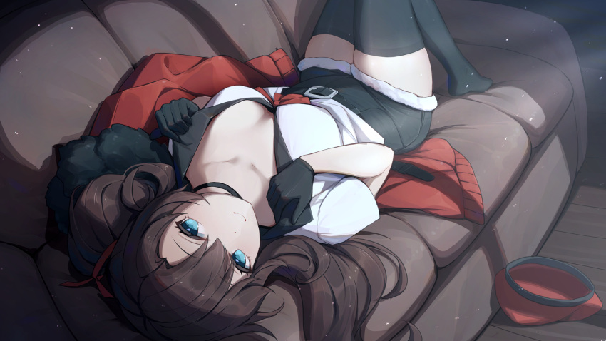 absurdres belt_buckle black_gloves black_shorts black_thighhighs blue_eyes breasts brown_hair buckle cleavage closed_mouth couch female_commander_(girls'_frontline) fur-trimmed_shorts fur_trim girls'_frontline gloves hair_ribbon hat highres jacket journey_in_the_auspicious_snow_(girls'_frontline) knees_up large_breasts light_particles long_hair looking_at_viewer looking_back lying on_back on_couch original red_headwear red_jacket red_ribbon ribbon shirt short_sleeves shorts smile termichan_(not-a-bot) thighhighs twintails unworn_hat unworn_headwear unworn_jacket upside-down very_long_hair white_shirt wo_you_yibei_jia_wanli