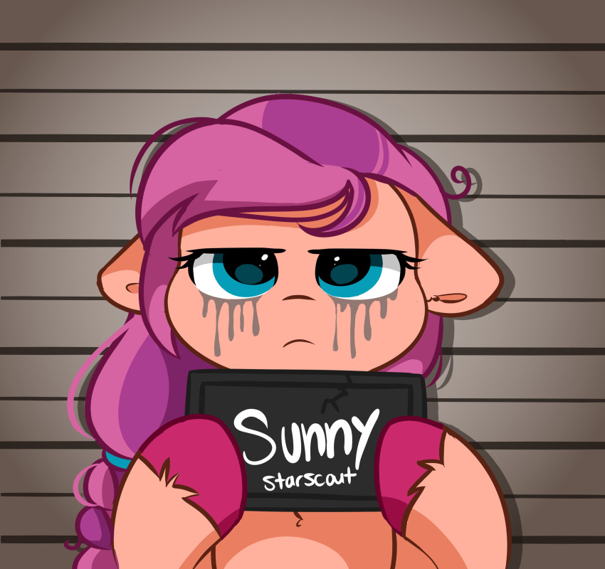 2023 absurd_res accessory barbie_and_ken_mugshot_meme blue_eyes bodily_fluids braided_hair digital_media_(artwork) ears_down earth_pony equid equine eyelashes fetlocks fur hair hair_accessory half-closed_eyes hasbro hi_res holding_object hooves horse kittyrosie long_hair mammal mlp_g5 mugshot multicolored_hair my_little_pony narrowed_eyes orange_body orange_fur pink_hair pink_hooves pivoted_ears pony purple_hair running_makeup sunny_starscout_(mlp) tears two_tone_hair