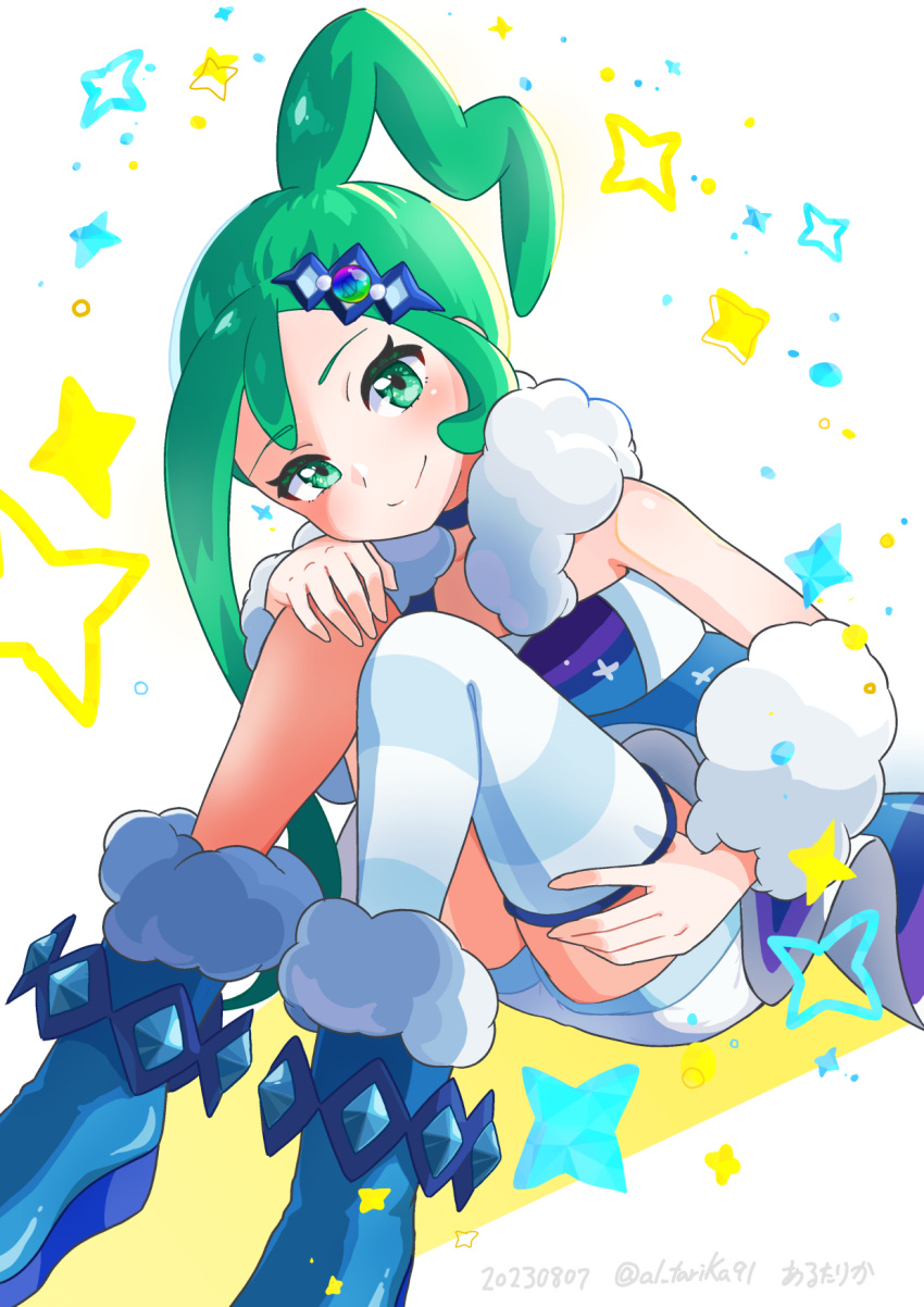 1girl arm_warmers arutarika_(ri_kaoekaki) blue_footwear blush boots closed_mouth commentary_request dated eyelashes green_eyes green_hair hair_ornament highres lisia_(pokemon) looking_at_viewer pokemon pokemon_(game) pokemon_oras shorts shorts_under_skirt sidelocks single_thighhigh sitting skirt smile solo sparkle split_mouth striped striped_thighhighs thighhighs white_background white_shorts