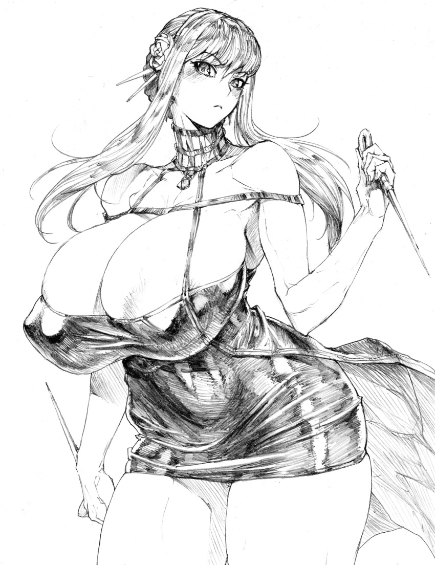 1girl absurdres areola_slip bonten breasts cleavage covered_nipples curvy dagger dress earrings gigantic_breasts gold_earrings gold_hairband greyscale hairband highres holding holding_dagger holding_knife holding_weapon huge_breasts jewelry knife long_hair looking_at_viewer monochrome plump simple_background sketch solo spy_x_family standing stiletto_(weapon) thick_thighs thighs traditional_media two-sided_dress two-sided_fabric weapon yor_briar