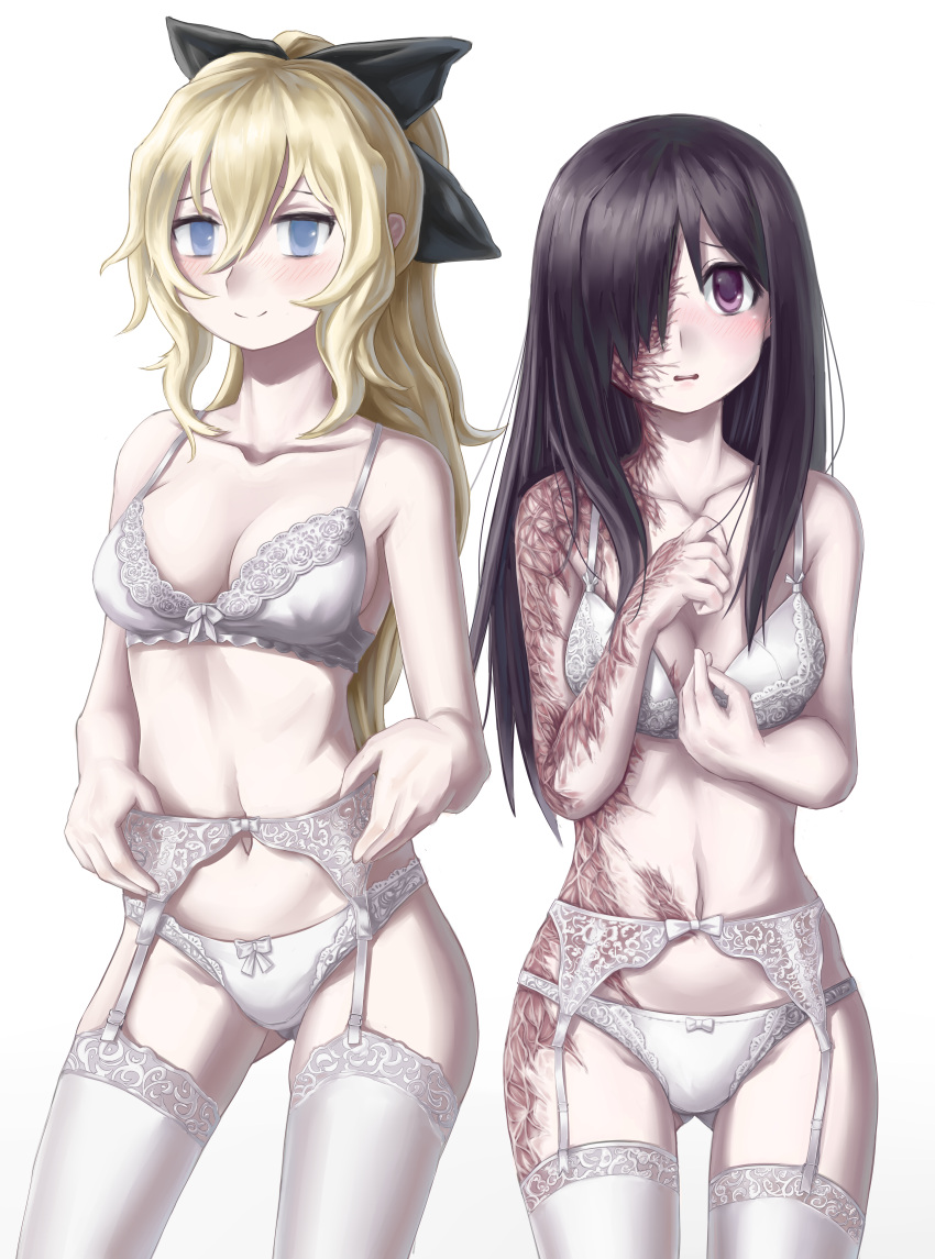 2girls absurdres adjusting_clothes ass_visible_through_thighs bare_arms bare_shoulders black_bow black_hair blind blonde_hair blue_eyes blush bow bow_bra bow_panties bra breasts burn_scar cleavage closed_mouth collarbone diu9you english_commentary engrish_commentary furrowed_brow garter_belt garter_straps hair_between_eyes hair_bow hair_over_one_eye highres ikezawa_hanako katawa_shoujo lace lace_bra lace_garter_belt lace_legwear lace_panties lace_thighhighs legs_apart long_hair looking_at_viewer medium_breasts multiple_girls navel pale_skin panties ponytail purple_eyes satou_lilly scar simple_background smile split_mouth standing teeth thighhighs underwear upper_teeth_only wavy_hair white_background white_bow white_bra white_panties white_thighhighs