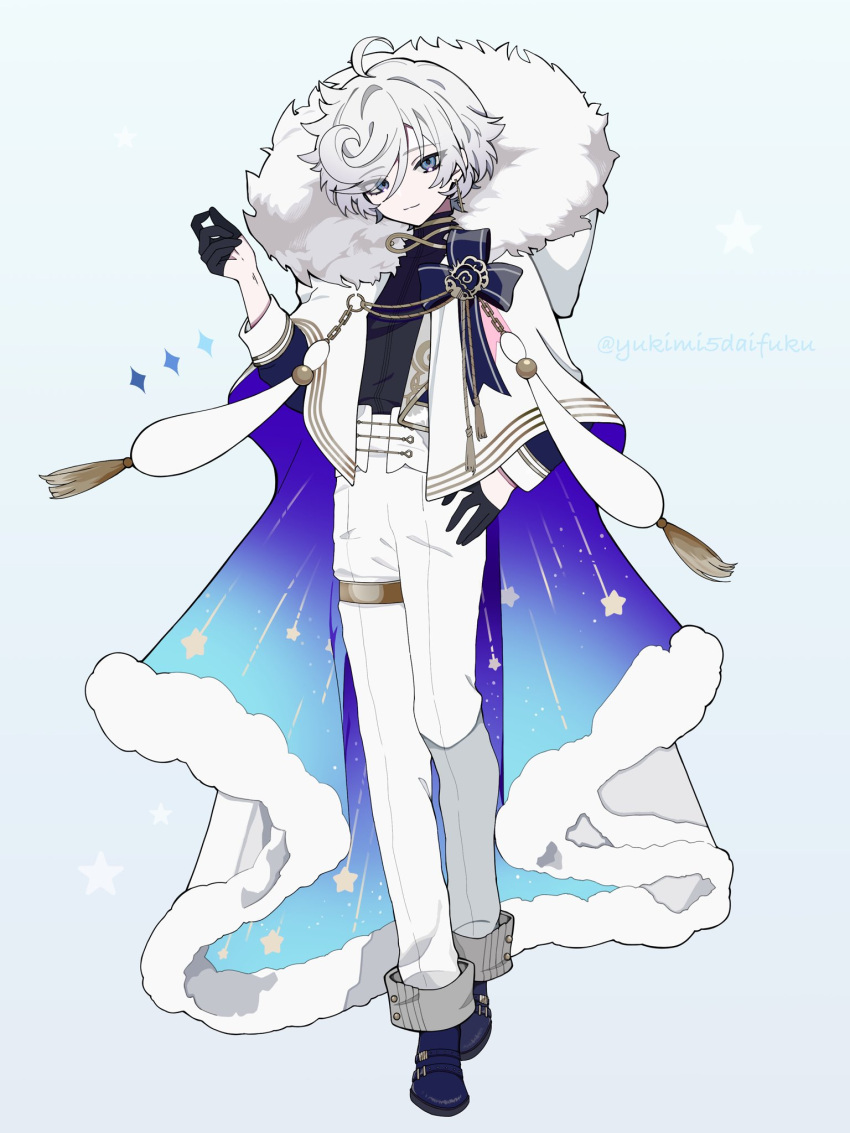 1boy ahoge black_gloves black_shirt blue_cape blue_eyes blue_footwear boots cape cielomort_(fragaria_memories) color_guide fragaria_memories full_body fur-trimmed_cape fur_trim gloves grey_background grey_hair highres long_sleeves male_focus pants shirt short_hair solo star_(symbol) star_print white_cape white_pants yukimi5daifuku