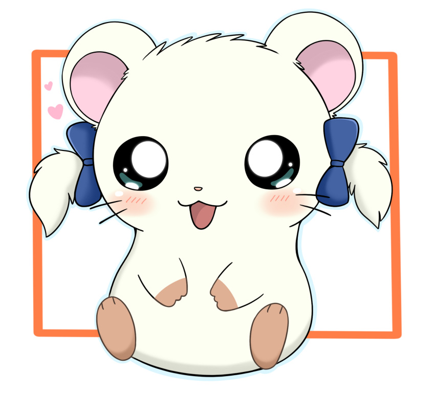 &lt;3 accessory azuo bijou_(hamtaro) blue_ribbon blush cricetid female feral fur hair_accessory hair_ribbon hamster hamtaro_(series) hi_res mammal ribbons rodent simple_background solo white_background white_body white_fur