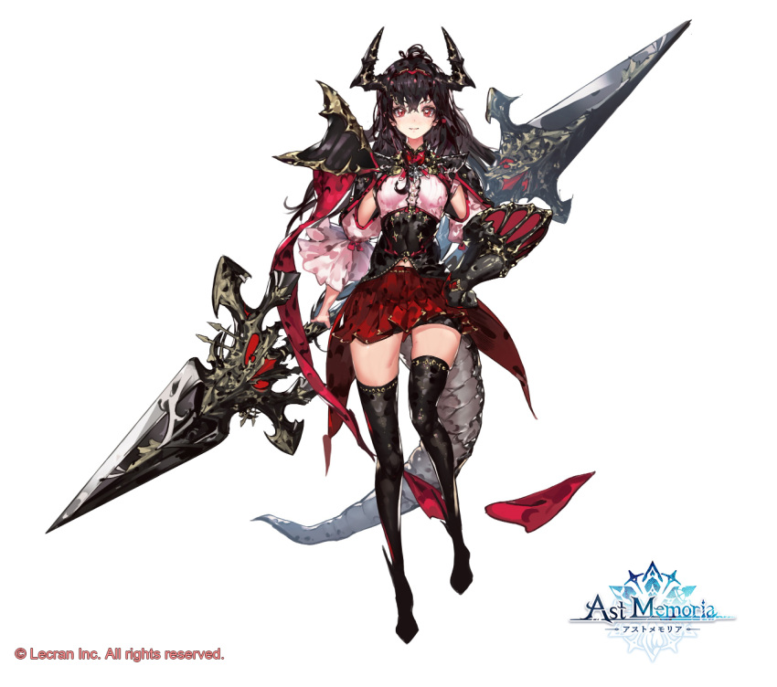 1girl armor ast_memoria black_armor black_hair black_horns black_tail black_thighhighs coattails company_name copyright_name detached_sleeves dragon_horns dragon_tail gemma_da_oreno_(ast_memoria) greaves hand_on_own_hip holding holding_weapon horns logo long_hair official_art pauldrons red_eyes red_skirt shoulder_armor single_greave single_pauldron skirt tail thighhighs weapon