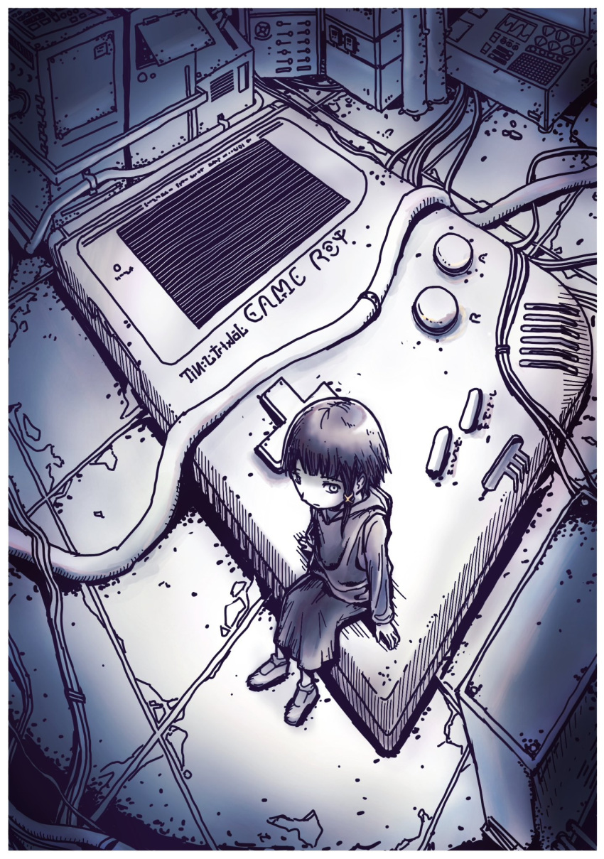 1girl arms_at_sides asymmetrical_hair cable closed_mouth computer dress expressionless floor from_above game_boy hair_ornament handheld_game_console hatching_(texture) highres hood hoodie iwakura_lain light logo_parody long_sleeves looking_to_the_side medium_hair mini_person minigirl monochrome sano_(sano45726280) screen serial_experiments_lain shoes single_sidelock sitting solo tile_floor tiles wide_shot wire x_hair_ornament