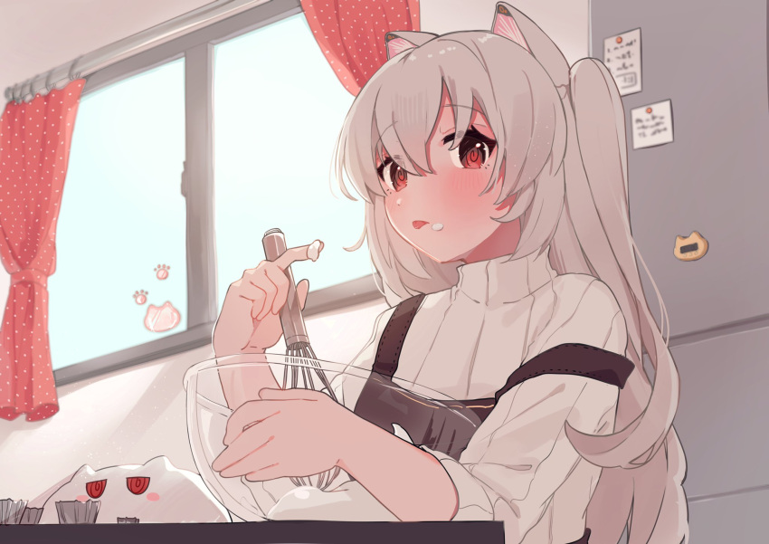 1girl animal_ears apron black_apron cat cat_ears cat_girl cupcake day food food_on_face food_on_hand grey_hair hibarin0404 highres holding holding_whisk indie_virtual_youtuber indoors long_hair looking_at_viewer nora_cat nora_cat_channel red_eyes refrigerator solo sweater table tongue tongue_out turtleneck turtleneck_sweater whipped_cream whisk window