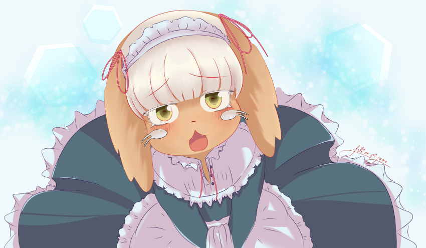 ambiguous_gender animal_humanoid blush blush_lines brown_body brown_fur clothing ears_down fangs fur hair hi_res humanoid kemono lagomorph lagomorph_humanoid lolienpijama long_ears made_in_abyss maid_uniform mammal mammal_humanoid nanachi narehate open_mouth pivoted_ears solo teeth uniform viewed_from_above whiskers white_hair