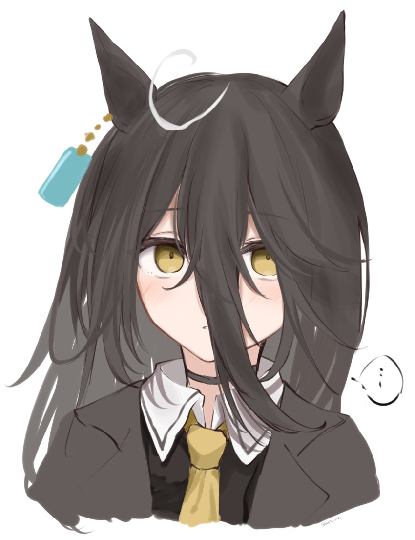 ... 1girl ahoge animal_ears asno_biology black_choker black_hair black_shirt blush choker ear_ornament ear_tag earrings expressionless hair_between_eyes hair_strand highres horse_ears horse_girl jewelry long_bangs long_hair looking_at_viewer manhattan_cafe_(umamusume) necktie shirt sidelocks simple_background solo speech_bubble umamusume white_background yellow_eyes yellow_necktie