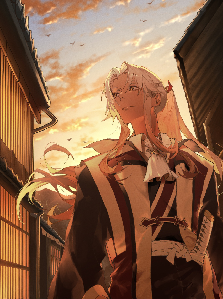 1boy amakusa_shirou_(fate) amakusa_shirou_(third_ascension)_(fate) architecture arms_at_sides ascot backlighting bird building closed_mouth cloud cloudy_sky cowboy_shot east_asian_architecture facing_viewer fate/apocrypha fate/grand_order fate_(series) film_grain hair_ribbon highres japanese_clothes jinbaori katana light_smile long_hair long_sleeves looking_to_the_side looking_up male_focus mountainous_horizon nostrils outdoors parted_bangs ponytail red_ribbon ribbon road sheath sheathed sky solo standing street sunset sword tan weapon white_ascot white_hair wide_sleeves yellow_eyes zuraa_(naunau_seijin)