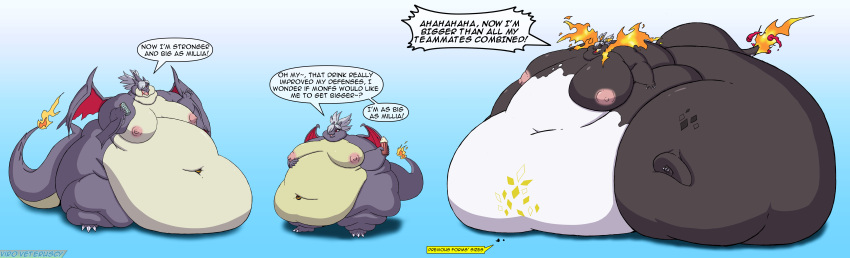 2023 absurd_res anthro belly beverage big_belly big_breasts breasts charizard digital_media_(artwork) edelgard_(monfra22) english_text female fire flaming_tail generation_1_pokemon gigantamax_charizard gigantamax_pokemon group hair hi_res huge_breasts huge_thighs hyper hyper_belly hyper_thighs luxury_ball macro mega_charizard mega_charizard_y mega_evolution milkshake morbidly_obese morbidly_obese_anthro morbidly_obese_female nintendo nipples non-mammal_breasts nude obese obese_anthro obese_female overweight overweight_anthro overweight_female pokeball pokemon pokemon_(species) shiny_pokemon silver_hair size_difference speech_bubble square_crossover straw tail text thick_thighs viroveteruscy