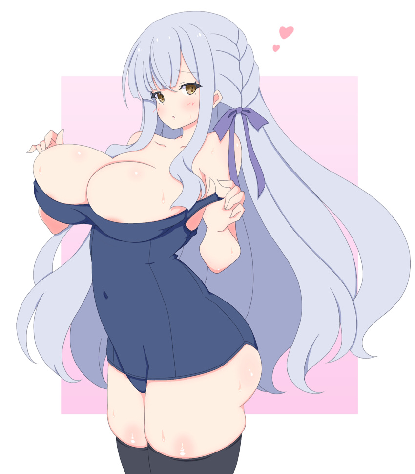 1girl areola_slip assault_lily bare_arms bare_shoulders black_thighhighs blue_one-piece_swimsuit blunt_bangs blush border braid breasts collarbone commentary_request covered_nipples cowboy_shot grey_hair hair_ribbon hands_up heart highres kon_kanaho large_breasts long_hair looking_at_viewer misaki_naoe one-piece_swimsuit outside_border parted_lips pink_background pulled_by_self purple_ribbon raised_eyebrows ribbon school_swimsuit side_braid simple_background solo standing strap_pull sweat swimsuit thighhighs very_long_hair white_border yellow_eyes
