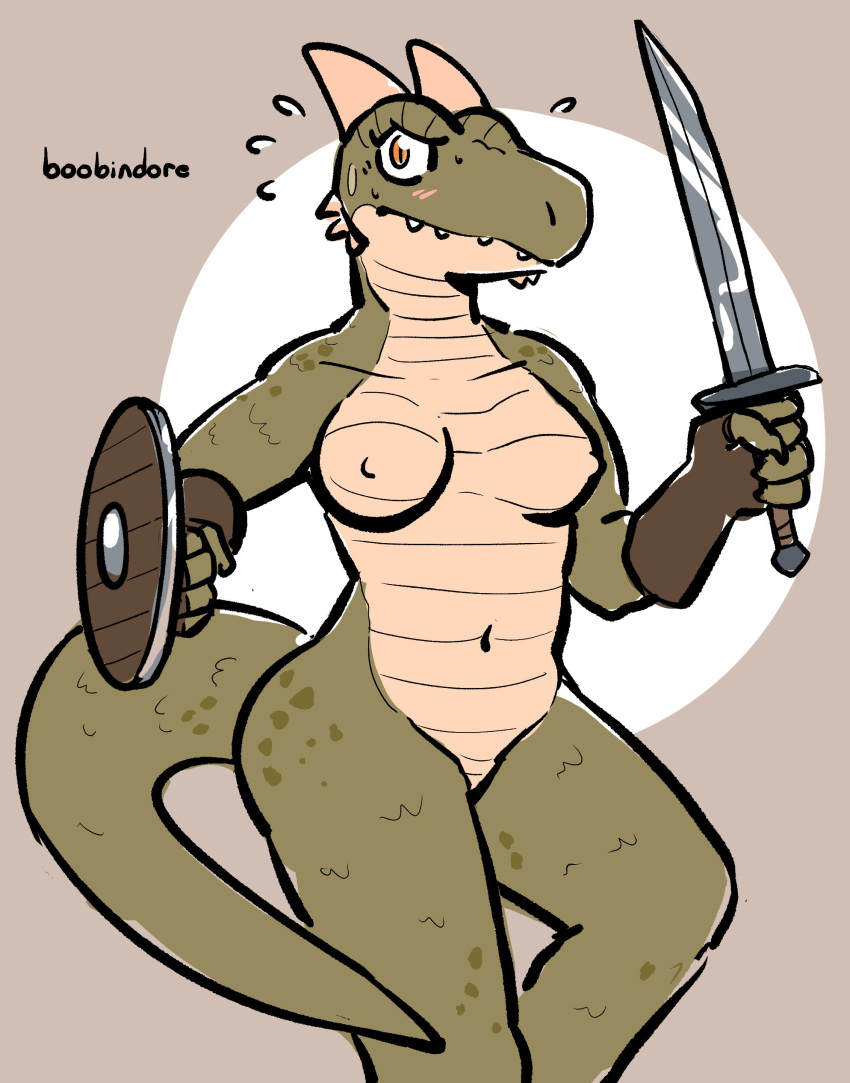 2023 absurd_res anthro argonian bethesda_softworks breasts casual_exposure clothing dubindore female fingerless_gloves front_view gloves gloves_only green_body green_scales handwear handwear_only hi_res holding_object holding_shield holding_sword holding_weapon horn melee_weapon mostly_nude nipples portrait scales scalie shield solo sword the_elder_scrolls three-quarter_portrait weapon