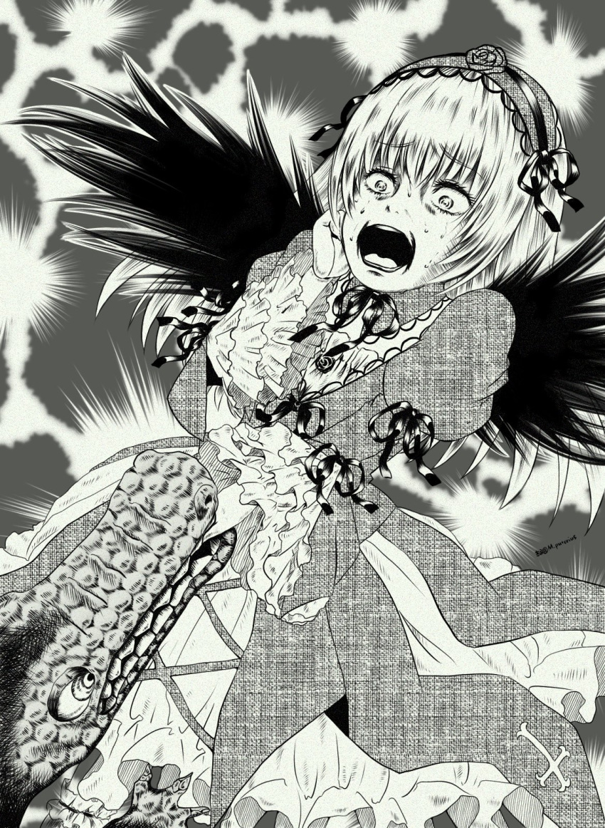 1girl biting copyright_request crocodile crocodilian doll_joints dress flower frilled_sleeves frills gothic_lolita greyscale hairband highres joints kiru_(m_putorius) lolita_fashion lolita_hairband long_hair long_sleeves monochrome open_mouth parody parody_request ribbon rose rozen_maiden solo style_parody suigintou surprised sweat wide_sleeves wings