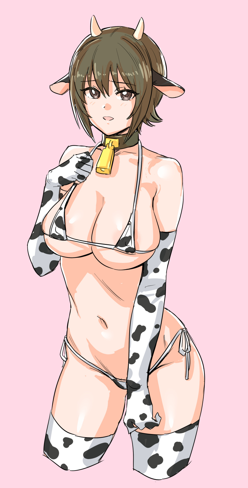 1girl absurdres animal_ears animal_print bell bikini breasts brown_eyes brown_hair cleavage cow_ears cow_horns cow_print cowbell elbow_gloves fake_animal_ears fake_horns girls_und_panzer gloves highres horns kuppipi_ramutarou large_areolae large_breasts looking_at_viewer micro_bikini navel neck_bell nishizumi_maho open_mouth pink_background print_bikini print_thighhighs short_hair side-tie_bikini_bottom simple_background smile solo swimsuit thighhighs