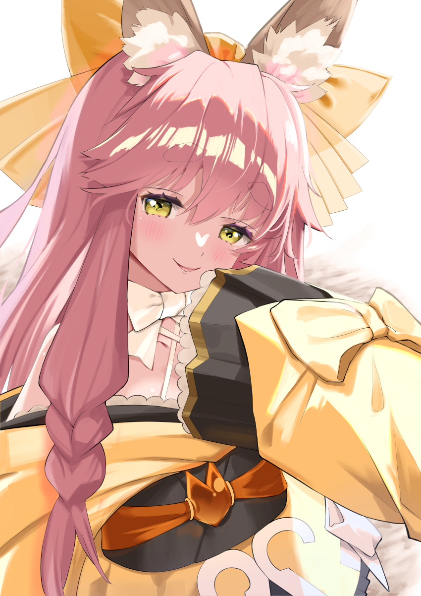 1girl absurdres animal_ear_fluff animal_ears bare_shoulders black_skirt blush bow braid breasts fate/samurai_remnant fate_(series) fox_ears fox_girl fox_tail hair_between_eyes hair_bow highres japanese_clothes kimono long_hair long_sleeves looking_at_viewer nikuromuline obi off_shoulder pink_hair sash short_eyebrows sidelocks skirt small_breasts smile solo tail tamamo_(fate) tamamo_aria twintails wide_sleeves yellow_bow yellow_eyes yellow_kimono