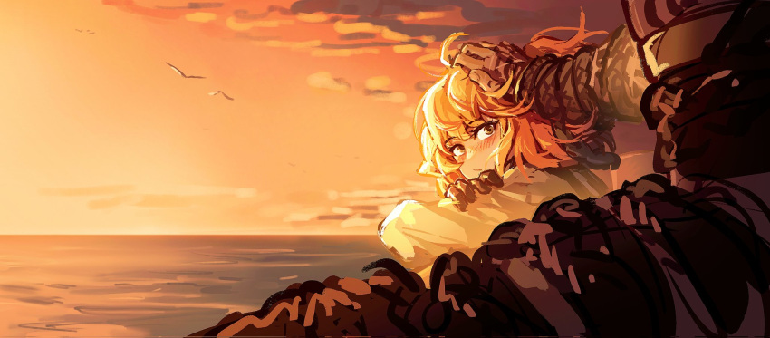 2girls arm_tattoo bird black_gloves blush chain closed_mouth crossed_arms floating_hair gloves highres ishmael_(project_moon) jacket limbus_company multiple_girls ocean orange_hair outdoors petting project_moon queequeg_(project_moon) seagull shiqicheng short_hair sunset tattoo wings