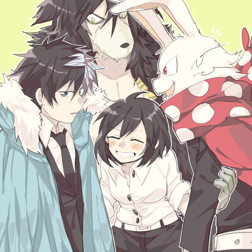 1girl 3boys aoi_hana_(oumagadoki_doubutsuen) bags_under_eyes belt black_necktie black_pants black_shirt blue_cloak character_request cloak closed_eyes collarbone collared_shirt furry furry_male green_background grey_eyes grin highres isana_(oumagadoki_doubutsuen) looking_at_another multicolored_hair multiple_boys necktie oneroom-disco open_mouth oumagadoki_doubutsuen pants parted_lips pectoral_cleavage pectorals polka_dot polka_dot_scarf red_eyes scarf shiina_(oumagadoki_doubutsuen) shirt short_hair simple_background smile two-tone_hair whiskers white_belt white_shirt