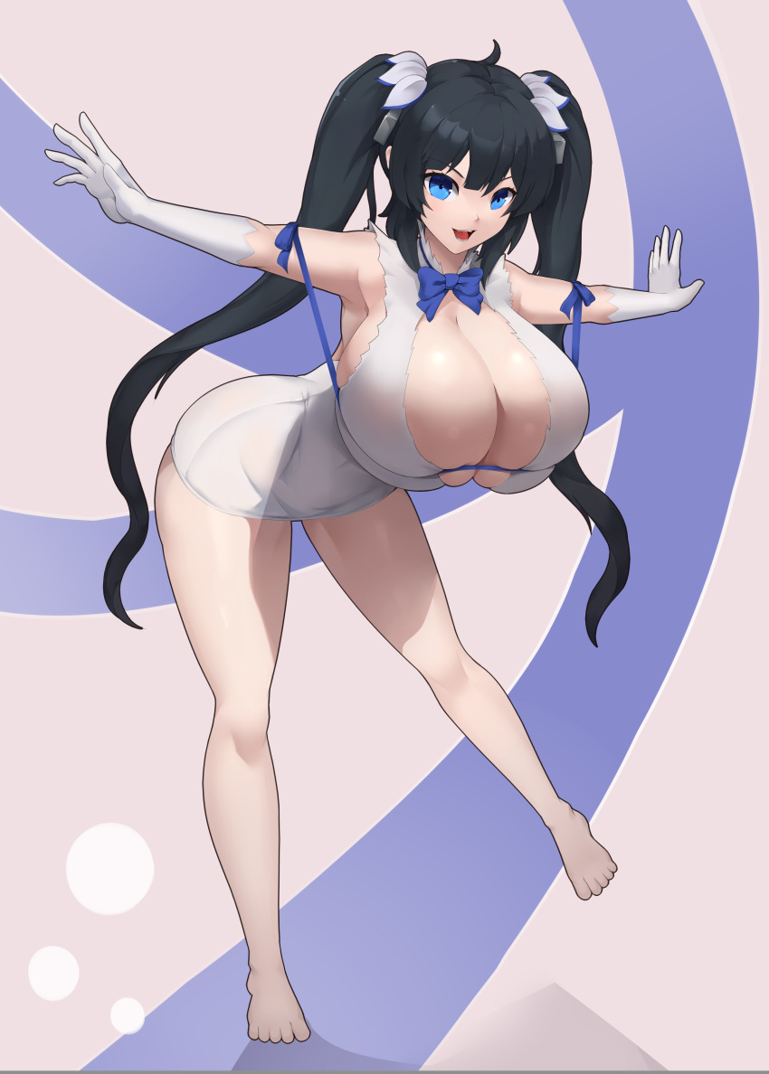 1girl absurdres bare_legs black_hair blue_eyes breasts cleavage dress dungeon_ni_deai_wo_motomeru_no_wa_machigatteiru_darou_ka full_body gloves hestia_(danmachi) highres huge_breasts long_hair microdress open_mouth pockyland rei_no_himo simple_background smile solo standing standing_on_one_leg twintails very_long_hair white_dress white_gloves