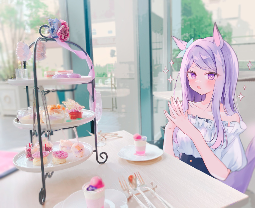 1girl absurdres alternate_costume animal_ears blush ear_ribbon food fork from_side green_ribbon highres horse_ears horse_girl long_hair looking_at_viewer macaron mejiro_mcqueen_(umamusume) moko_(mokochisa) off-shoulder_shirt off_shoulder photo_(medium) purple_eyes purple_hair real_life_insert ribbon shirt short_sleeves sitting solo spoon swept_bangs table umamusume