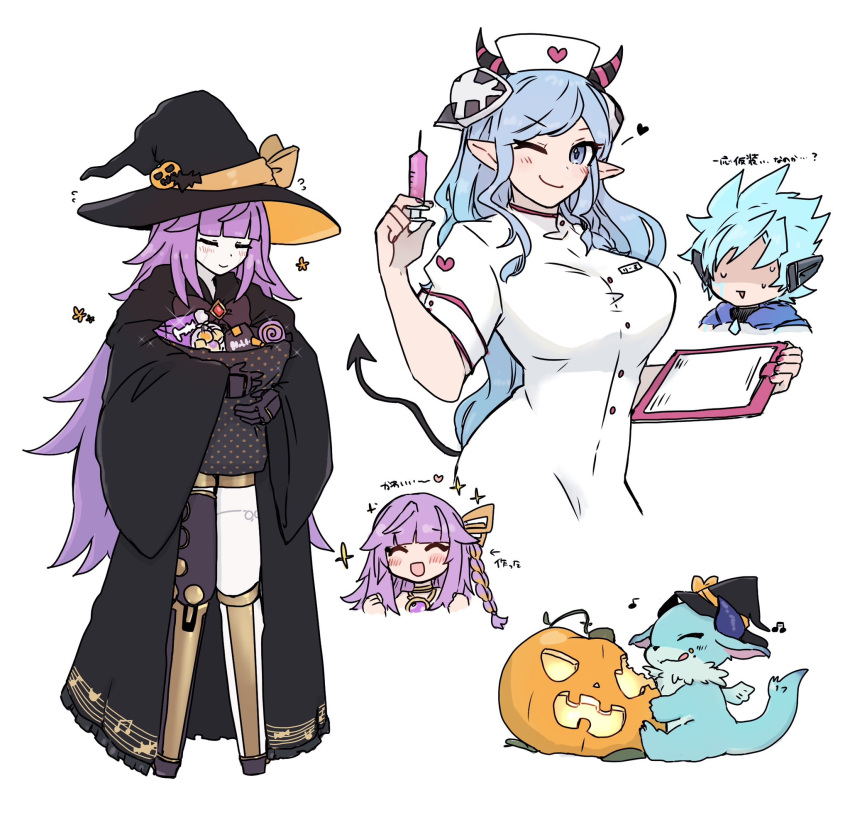 1boy 3girls alternate_costume android auram_(yu-gi-oh!) blue_eyes blue_hair closed_eyes crowned_by_the_world_chalice demon_horns demon_tail dragon duel_monster ei_(tdnei666) galatea_the_orcust_automaton halloween_costume hat highres holding holding_syringe horns ib_(yu-gi-oh!) jack-o'-lantern mekk-knight_crusadia_avramax multiple_girls nurse nurse_cap one_eye_closed purple_hair syringe tail witch witch_hat world_chalice_guardragon world_legacy_bestowal yu-gi-oh!