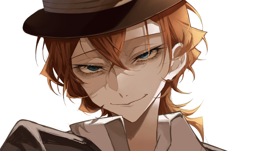 1boy absurdres black_headwear black_jacket blue_eyes bungou_stray_dogs closed_mouth crossed_bangs hair_between_eyes highres jacket looking_at_viewer mafia male_focus nakahara_chuuya orange_hair portrait shirt simple_background smile solo white_background white_shirt ya_ta