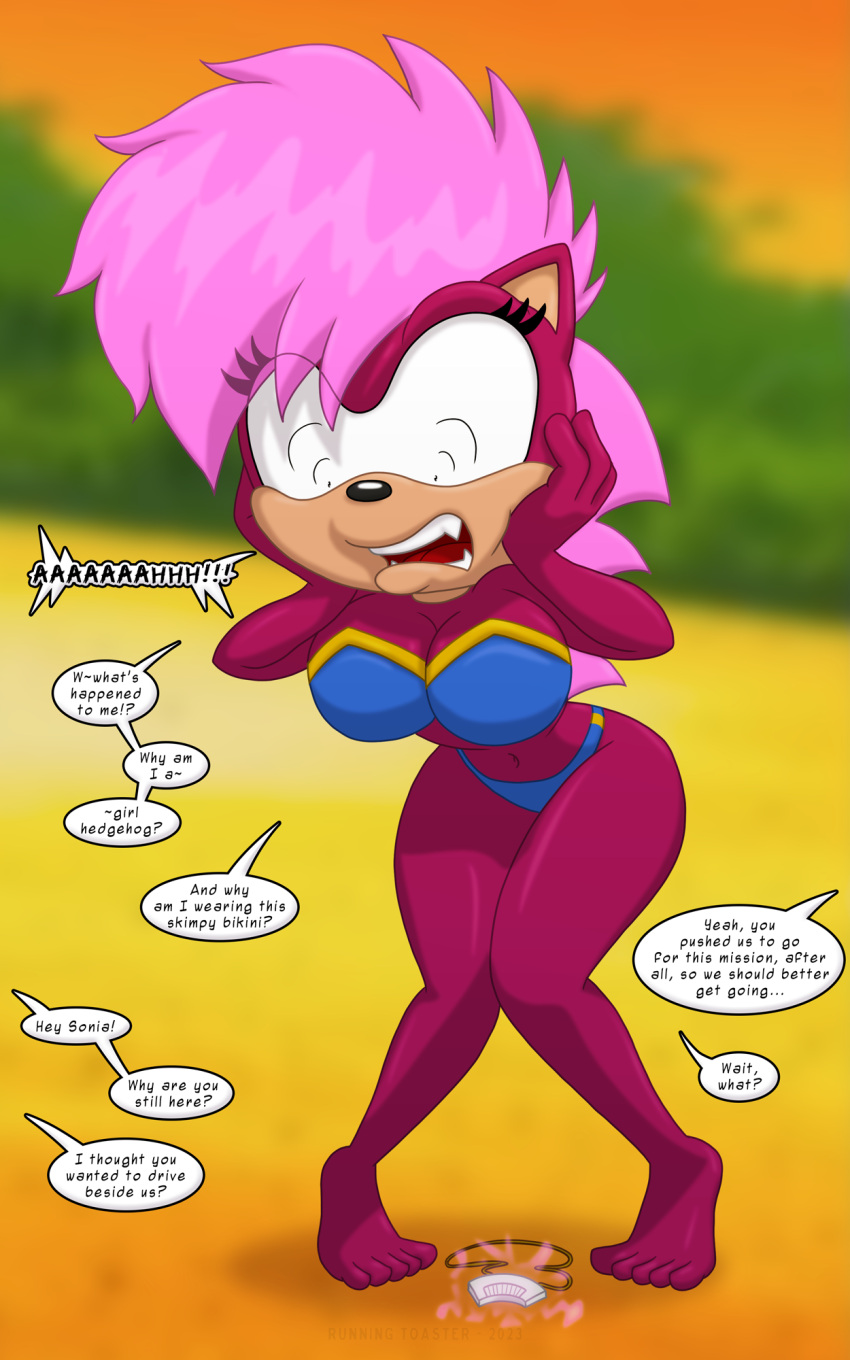 after_transformation anthro beach big_breasts breasts clothing eulipotyphlan female freaking_out hair hand_on_face hedgehog hi_res looking_down mammal maroon_body open_mouth pink_hair runningtoaster screaming seaside sega solo sonia_the_hedgehog sonic_the_hedgehog_(series) sonic_underground swimwear teeth_showing