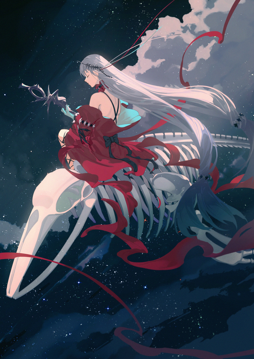 1girl absurdly_long_hair absurdres animal_skeleton aqua_gloves arknights back back_bow black_bow bow closed_eyes cloud dress from_behind gloves grey_hair hair_ornament highres holding holding_staff long_hair lubusi no_headwear off_shoulder official_alternate_costume outdoors profile red_dress skadi_(arknights) skadi_the_corrupting_heart_(arknights) sky solo staff star_(sky) starry_sky very_long_hair