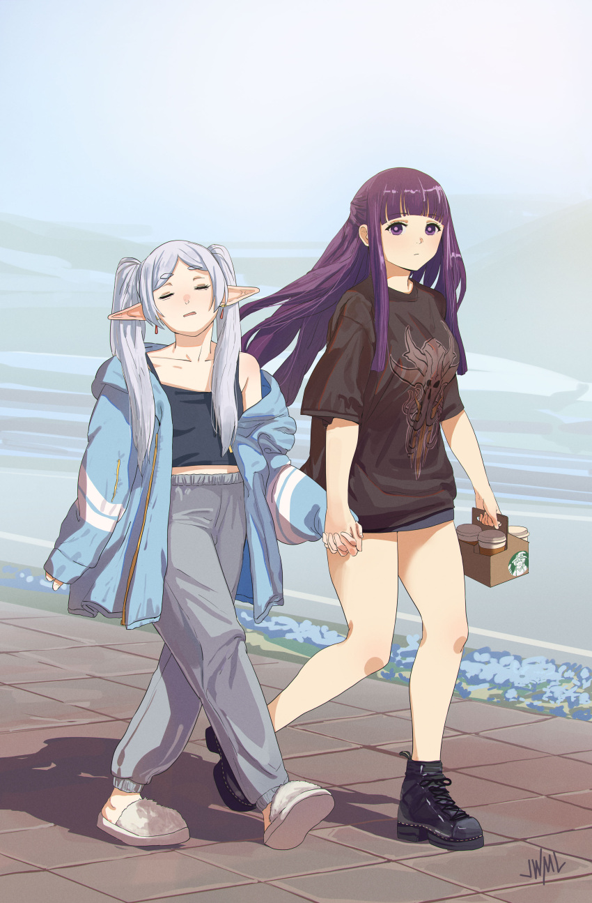 2girls absurdres black_footwear blue_hoodie blunt_bangs boots breasts closed_mouth coffee coffee_cup collarbone cup cut_bangs dangle_earrings disposable_cup drop_earrings earrings elf fern_(sousou_no_frieren) frieren grey_footwear grey_hair hair_behind_ear highres holding_hands hood hoodie jewelry justin_leyva_(steamy_tomato) long_hair long_sleeves looking_at_viewer medium_breasts midriff midriff_peek miniskirt multiple_girls open_mouth outdoors pants pointy_ears purple_eyes purple_hair purple_pupils shirt short_eyebrows short_sleeves sidelocks signature single_off_shoulder skirt sleeves_past_wrists slippers small_breasts sousou_no_frieren starbucks straight_hair sweatpants t-shirt tank_top tile_floor tiles twintails walking