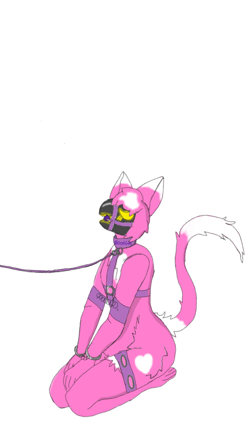 anthro bdsm blush bondage bound cat_tail chain collar domestic_cat duo felid feline felis female fur harness hi_res intersex intersex/female kneeling leash machine mammal pink_body pink_fur protogen solo unknown_character white_body white_fur zozo_(horny_zozo)