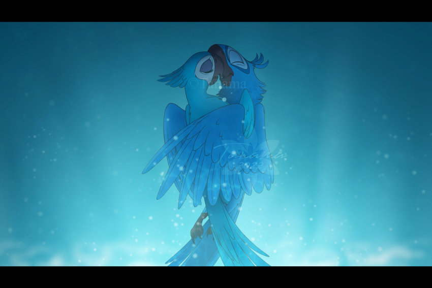 avian beak bird blu_(rio) blue_body blue_feathers blue_macaw blue_sky_studios claws duo feathers female feral feral_on_feral hi_res jewel_(rio) kissing love male male/female rio_(series) romantic romantic_ambiance romantic_couple tanamalioness underwater water