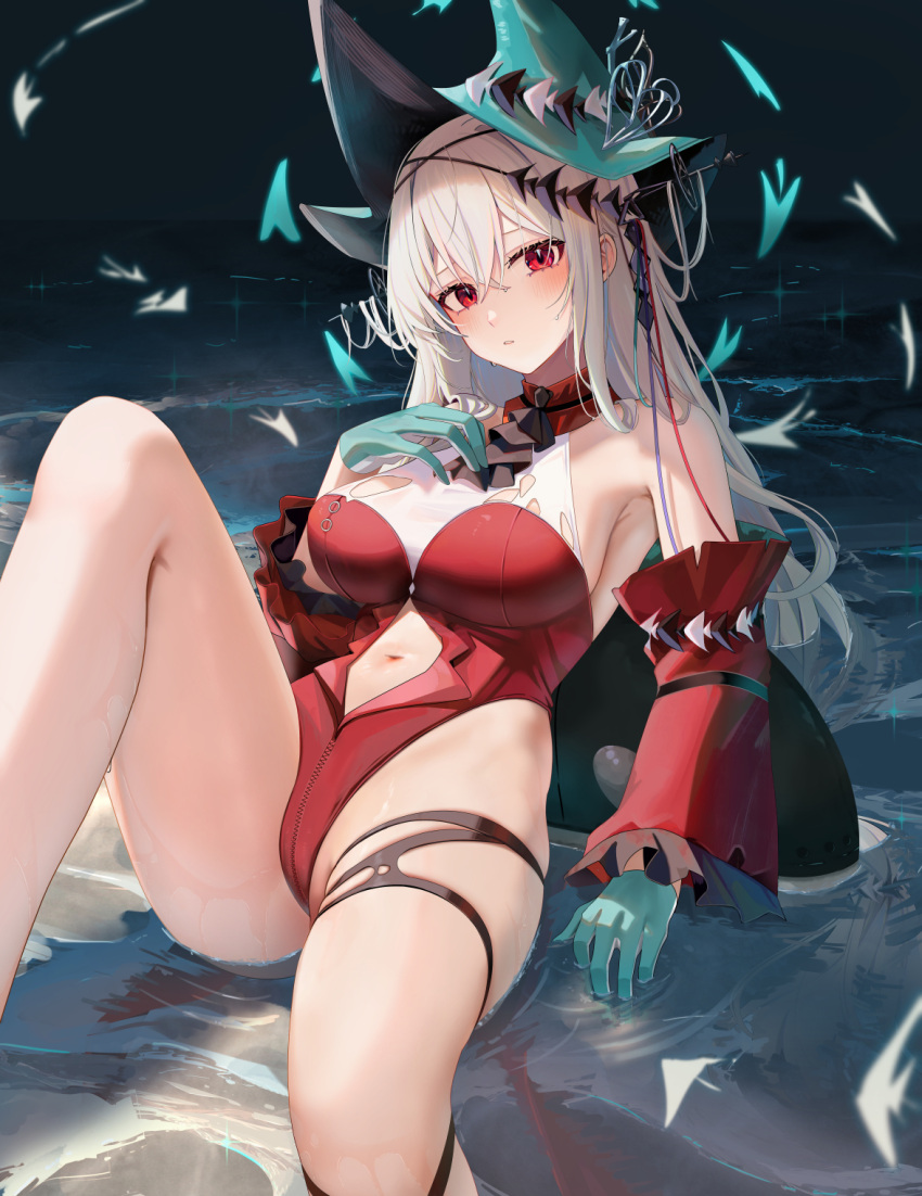 1girl aqua_gloves aqua_headwear arknights bare_shoulders blush breasts clothing_cutout commentary detached_sleeves gloves grey_hair hat hat_ornament highres knee_up large_breasts large_hat leotard long_hair long_sleeves looking_at_viewer navel navel_cutout outdoors parted_lips partially_submerged red_eyes red_leotard red_sleeves ru_zhai skadi_(arknights) skadi_the_corrupting_heart_(arknights) skindentation solo symbol-only_commentary thighs water witch_hat