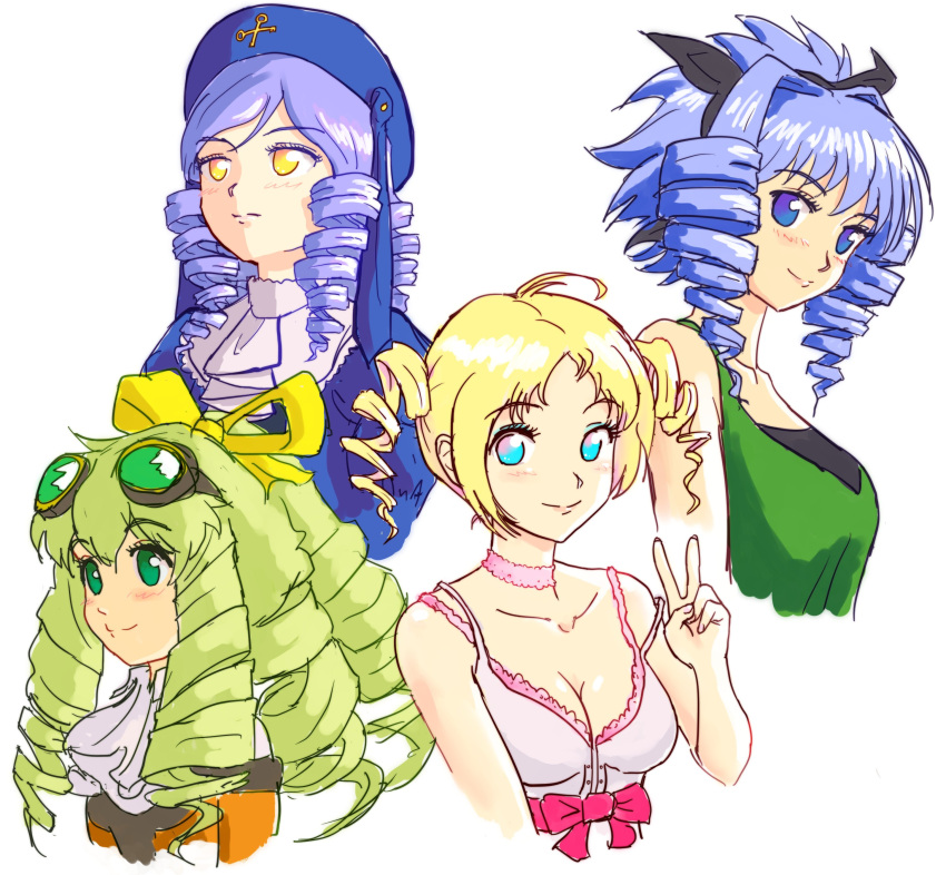 4girls absurdres aqua_eyes ascot blonde_hair blue_eyes blue_hair blue_headwear blush breasts catherine catherine_(game) choker cleavage closed_mouth collarbone dlanor_a._knox drill_hair elgala english_commentary excel_saga goggles goggles_on_head hair_intakes hair_ribbon hairstyle_connection hand_up hat highres light_blue_hair light_green_hair light_purple_hair long_hair maria_balthasar medium_breasts multiple_girls no_pupils pink_choker ribbon short_hair simple_background smile twin_drills umineko_no_naku_koro_ni v white_ascot white_background xenogears yellow_ribbon zawabug