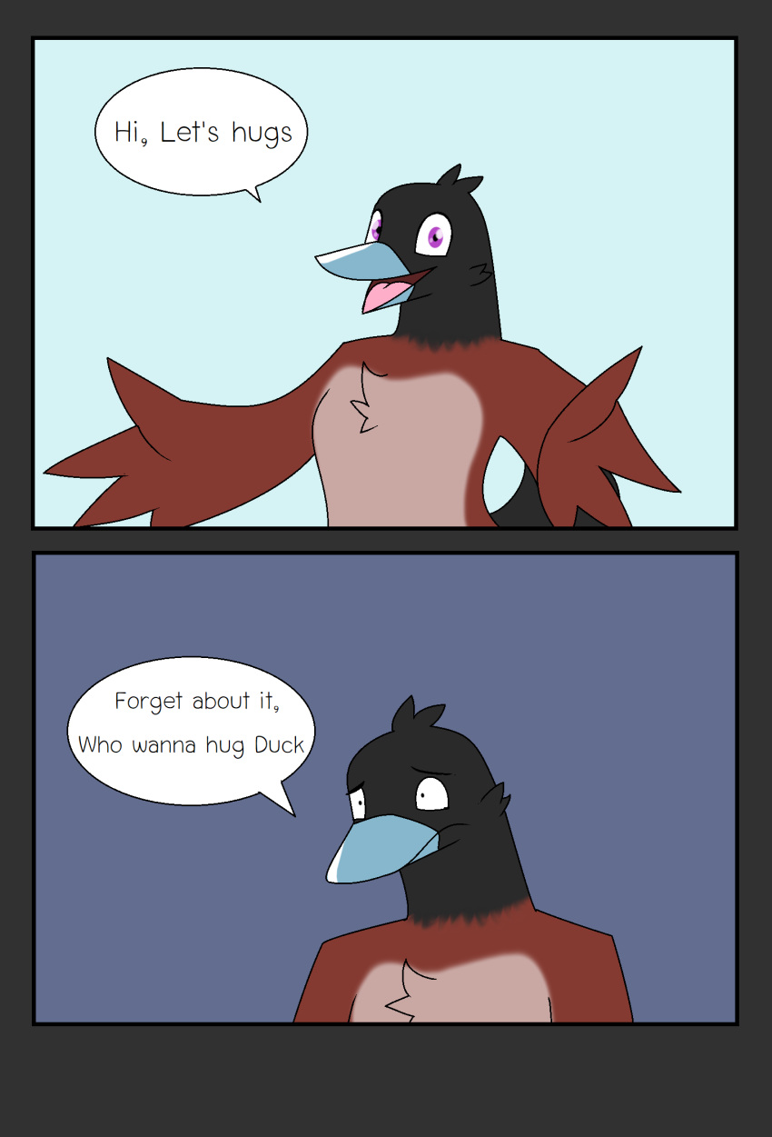 anatid anseriform anthro avian bird bubble comic dialogue duck embrace english_text hi_res hug lak_(pencil_bolt) looking_at_another looking_at_viewer looking_back male pencil_bolt purple_eyes simple_background solo speech_bubble talking_to_viewer text