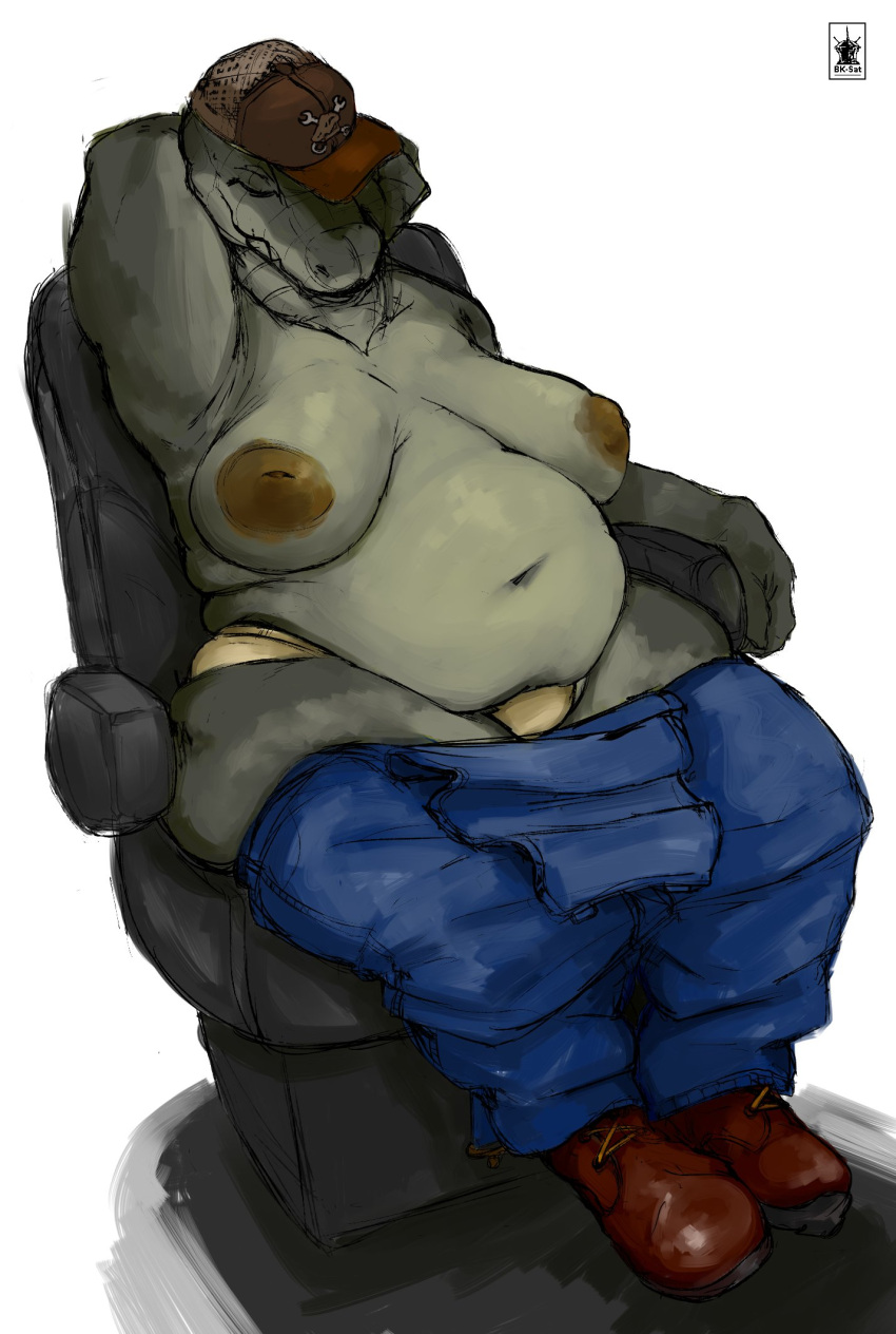 alligator alligatorid anthro belly bk_sat(artist) bottomwear bottomwear_down breasts chair clothed clothing crocodilian eyes_closed female furniture hi_res navel nipples non-mammal_breasts overweight overweight_anthro overweight_female panties pants pants_down partially_clothed reptile scalie simple_background sitting sleeping solo topless trucker_hat underwear white_background