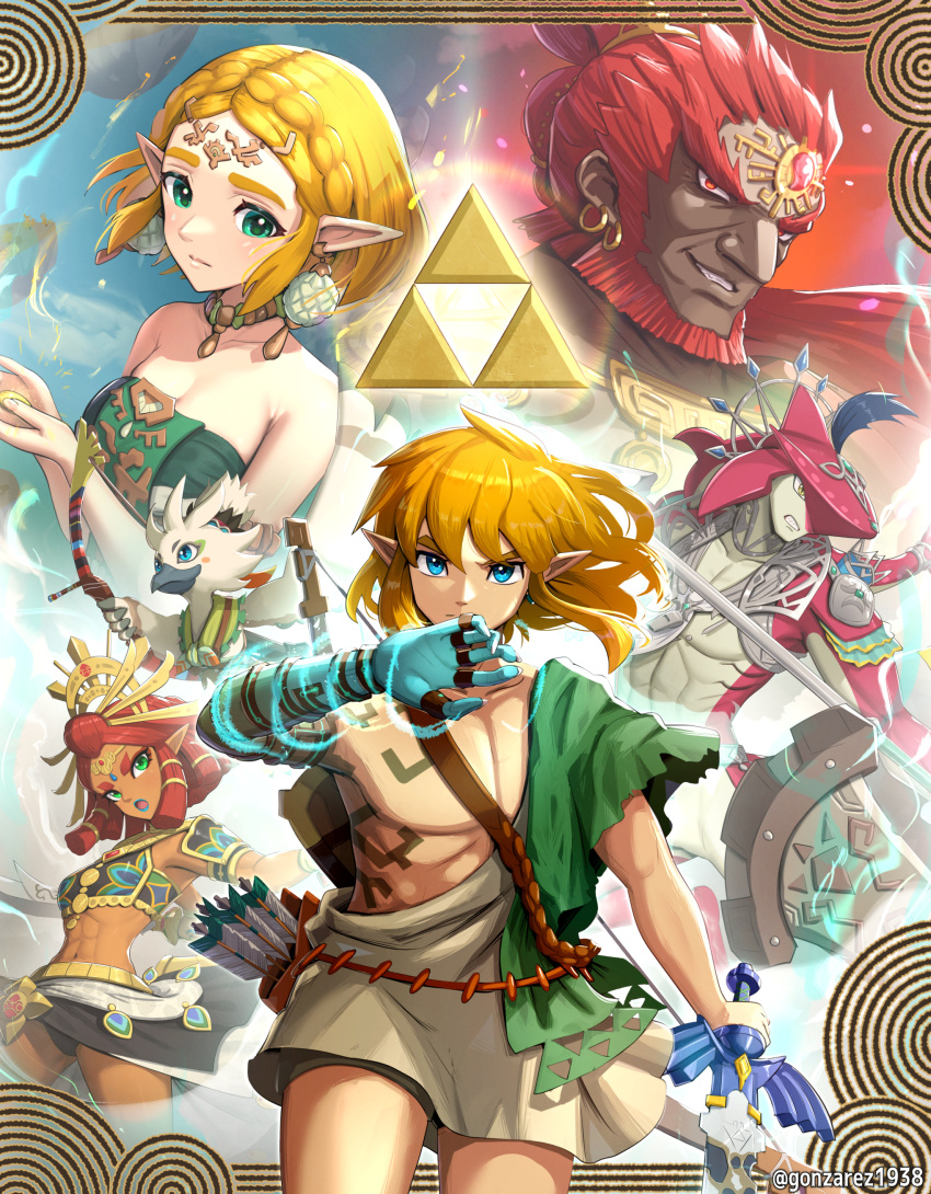 2girls 3boys abs absurdres beard braid breasts crown_braid dress earrings facial_hair forehead_jewel ganondorf gerudo glowing glowing_hand gonzarez highres holding holding_sword holding_weapon jewelry link long_hair looking_at_viewer master_sword multiple_boys multiple_girls pectorals pointy_ears princess_zelda quiver red_hair riju short_hair sidon strapless strapless_dress sword the_legend_of_zelda the_legend_of_zelda:_tears_of_the_kingdom triforce tunic twitter_username weapon zora