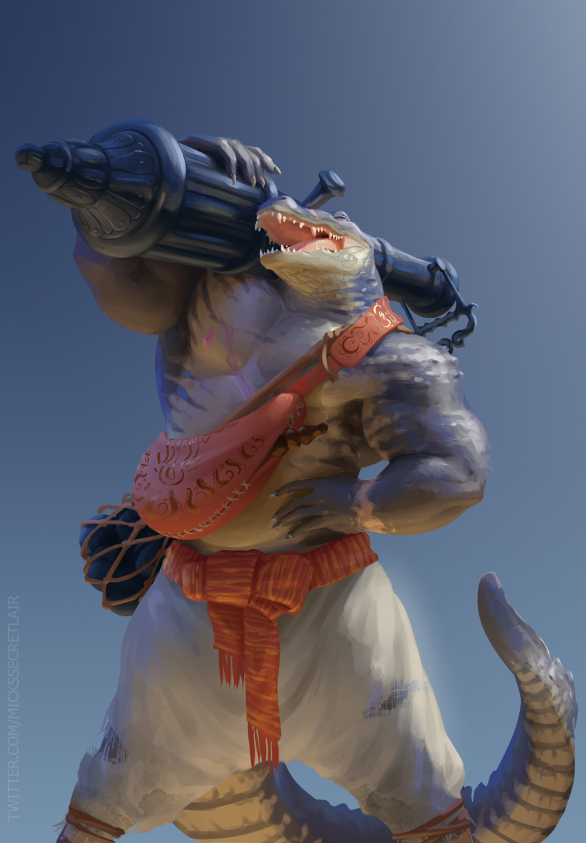 absurd_res anthro biped cannonball clothed clothing fangs hi_res male mickey_the_retriever reptile scales scalie shoulder_bag solo teeth weapon