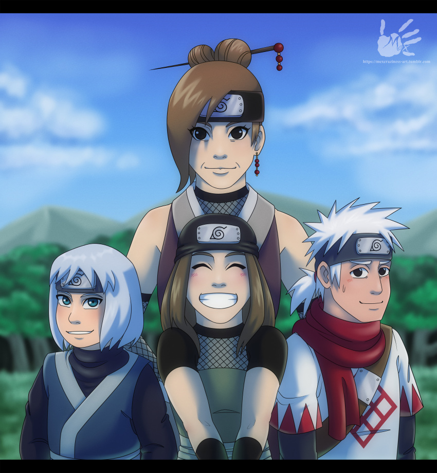 2boys 2girls absurdres aged_down asymmetrical_bangs black_eyes blue_hair blush brown_hair closed_eyes earrings forehead_protector hair_ornament hatake_sakumo highres jewelry katou_dan konohagakure_symbol long_hair looking_at_viewer mexcraziness multiple_boys multiple_girls naruto naruto_(series) naruto_shippuuden ponytail scarf short_ponytail signature sky smile umino_kohari utatane_koharu web_address white_hair