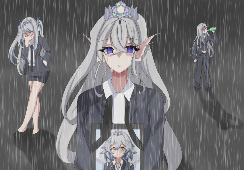 3girls absurdres alternate_costume black_shirt blank_eyes crying crying_with_eyes_open drinking duel_monster expressionless facepalm formal full_body grey_hair highres holding holding_photo iei lock looking_at_viewer mourning multiple_girls photo_(object) rain shirt short_hair solo suit tearlaments_havnis tearlaments_kitkallos tearlaments_merrli tearlaments_scheiren tears tiara veil yellow_eyes yu-gi-oh! yu-gi-oh!_master_duel zuzu_(user_ntpx2584)