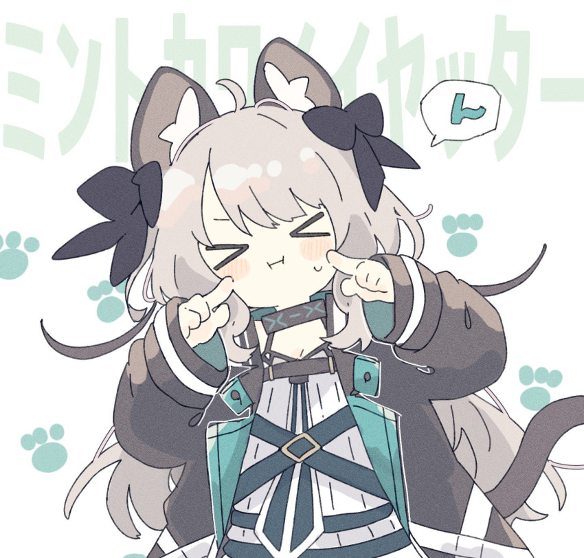 &gt;_&lt; 1girl animal_ear_fluff animal_ears arknights black_collar black_jacket black_ribbon blush cat_ears cat_girl cat_tail closed_eyes closed_mouth collar commentary_request facing_viewer fingersmile grey_hair hair_ribbon highres infection_monitor_(arknights) jacket long_hair long_sleeves mint_(arknights) naguru_(cyoroama) ribbon simple_background sleeves_past_wrists solo tail upper_body white_background wide_sleeves