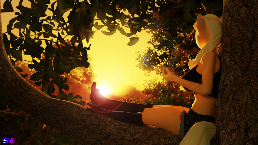 3d_(artwork) absurd_res against_natural_surface against_surface against_tree anthro apple applejack_(mlp) blender_(software) boots bottomwear breasts clothing crop_top crossed_ankles cutie_mark digital_media_(artwork) earth_pony equid equine female food footwear friendship_is_magic fruit hasbro hi_res high_heeled_boots high_heels horse in_tree knee_boots knee_highs legwear looking_away mammal midriff my_little_pony plant pony shadowboltsfm shirt shorts sitting sitting_in_tree solo sunset topwear tree