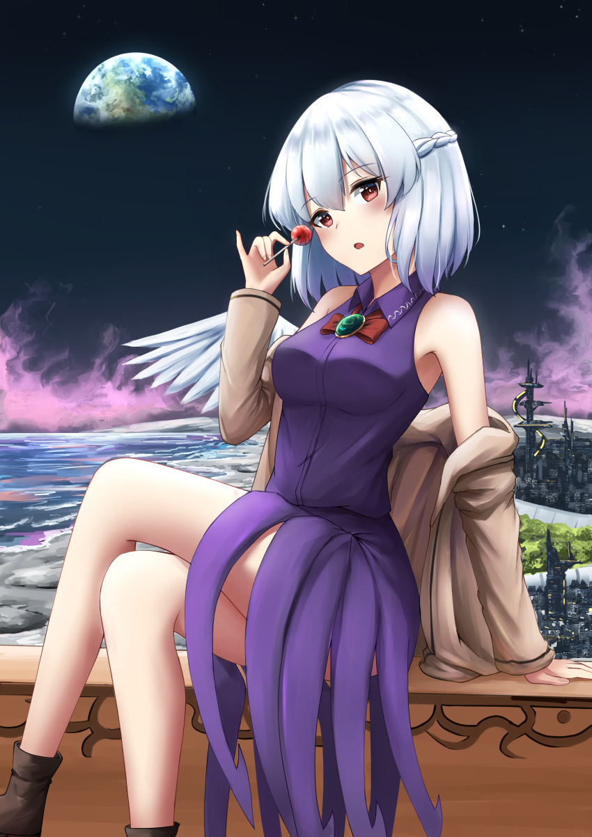 1girl absurdres black_footwear bow bowtie braid breasts brown_jacket candy commentary crossed_legs dress earth_(planet) english_commentary food french_braid grey_hair highres holding holding_candy holding_food holding_lollipop jacket kishin_sagume kuneamorai lollipop looking_at_viewer medium_breasts open_mouth outdoors planet purple_dress red_bow red_bowtie red_eyes short_hair single_wing sitting sleeveless sleeveless_dress solo touhou wings
