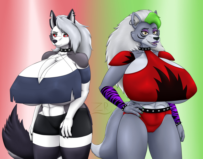 armwear big_breasts bottomwear breasts canid canid_demon canine canis chest_tuft clothing collar demon duo female five_nights_at_freddy's five_nights_at_freddy's:_security_breach fur furryrex_(artist) green_hair hair hellhound helluva_boss hi_res huge_breasts legwear long_hair loona_(helluva_boss) makeup mammal nipple_outline piercing red_eyes roxanne_wolf_(fnaf) scottgames shorts spiked_collar spikes steel_wool_studios stockings tuft white_body white_fur wolf yellow_eyes