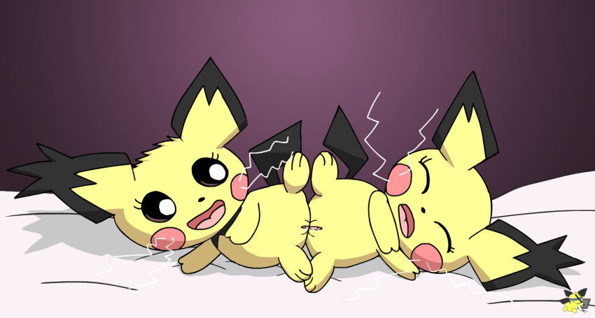 2023 bed black_body black_fur duo electricity eyes_closed female female/female feral fur furniture generation_2_pokemon genitals lying nintendo on_bed on_side pichu pichu90 pokemon pokemon_(species) pussy sex spiky-eared_pichu tribadism vaginal yellow_body yellow_fur