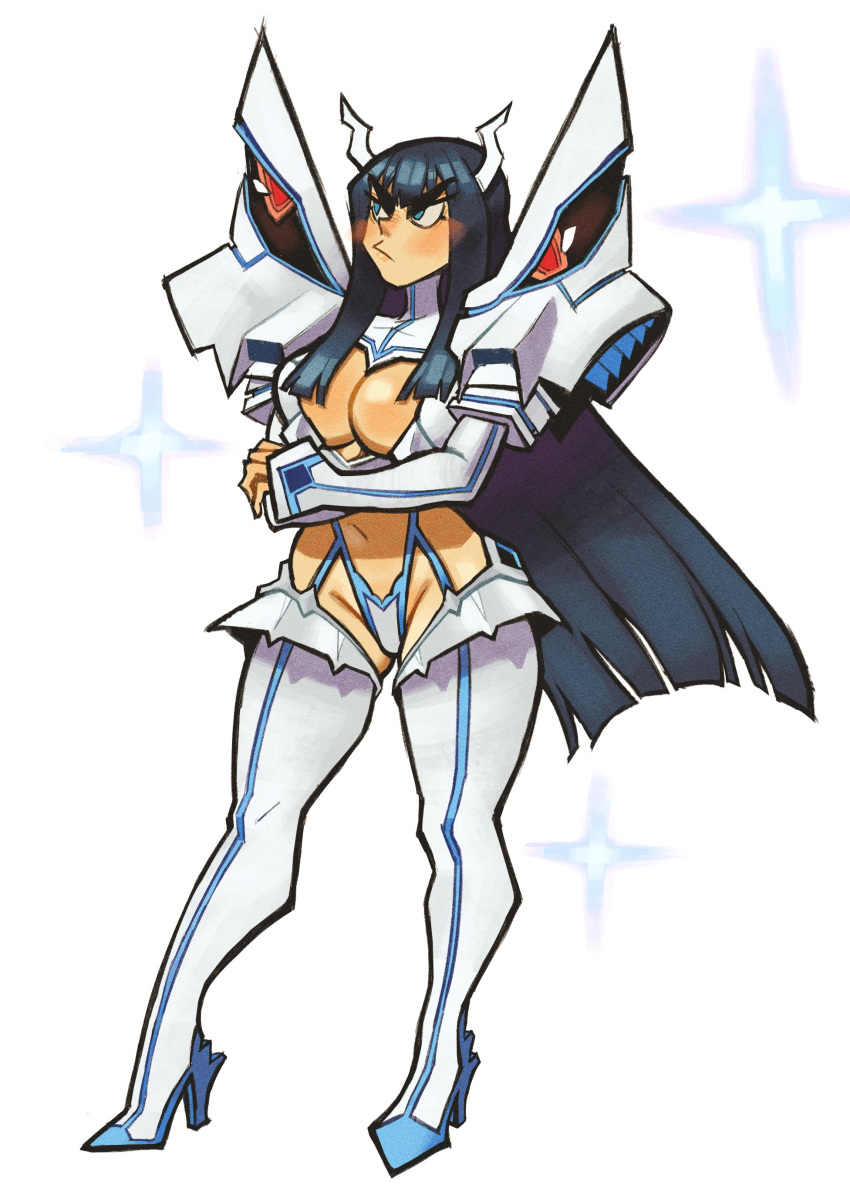 1girl absurdres armor black_hair blunt_bangs breasts center_opening cleavage crossed_arms eduedude elbow_gloves fake_horns frown full_body garter_straps gloves highres horns junketsu kamui_(kill_la_kill) kill_la_kill kiryuuin_satsuki living_clothes long_hair medium_breasts navel pauldrons revealing_clothes shoulder_armor sidelocks simple_background solo star_(symbol) thick_eyebrows thick_thighs thighhighs thighs white_gloves white_thighhighs