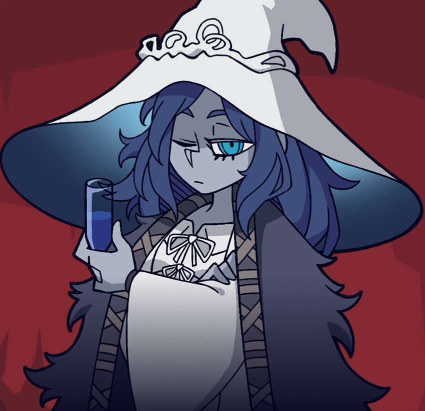 1girl blue_eyes blue_hair blue_skin cloak closed_mouth colored_skin commentary crossed_arms cup dress drink drinking_glass elden_ring english_commentary fur_cloak hat helltaker highres holding holding_cup large_hat long_hair looking_at_viewer one_eye_closed ranni_the_witch red_background shi_ling_yu solo vanripper_(style) white_dress white_headwear wide_sleeves witch witch_hat