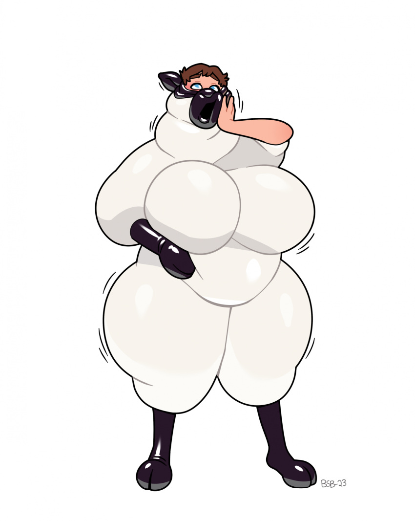 anthro big_breasts black_body black_fur blackshirtboy blue_eyes blush bovid breasts brown_hair caprine featureless_breasts featureless_crotch female fur gender_transformation goo_transformation hair hand_on_face hi_res human male mammal null open_mouth permanent permanent_transformation rubber sheep simple_background slightly_chubby solo transformation white_background white_body white_fur wool_(fur)