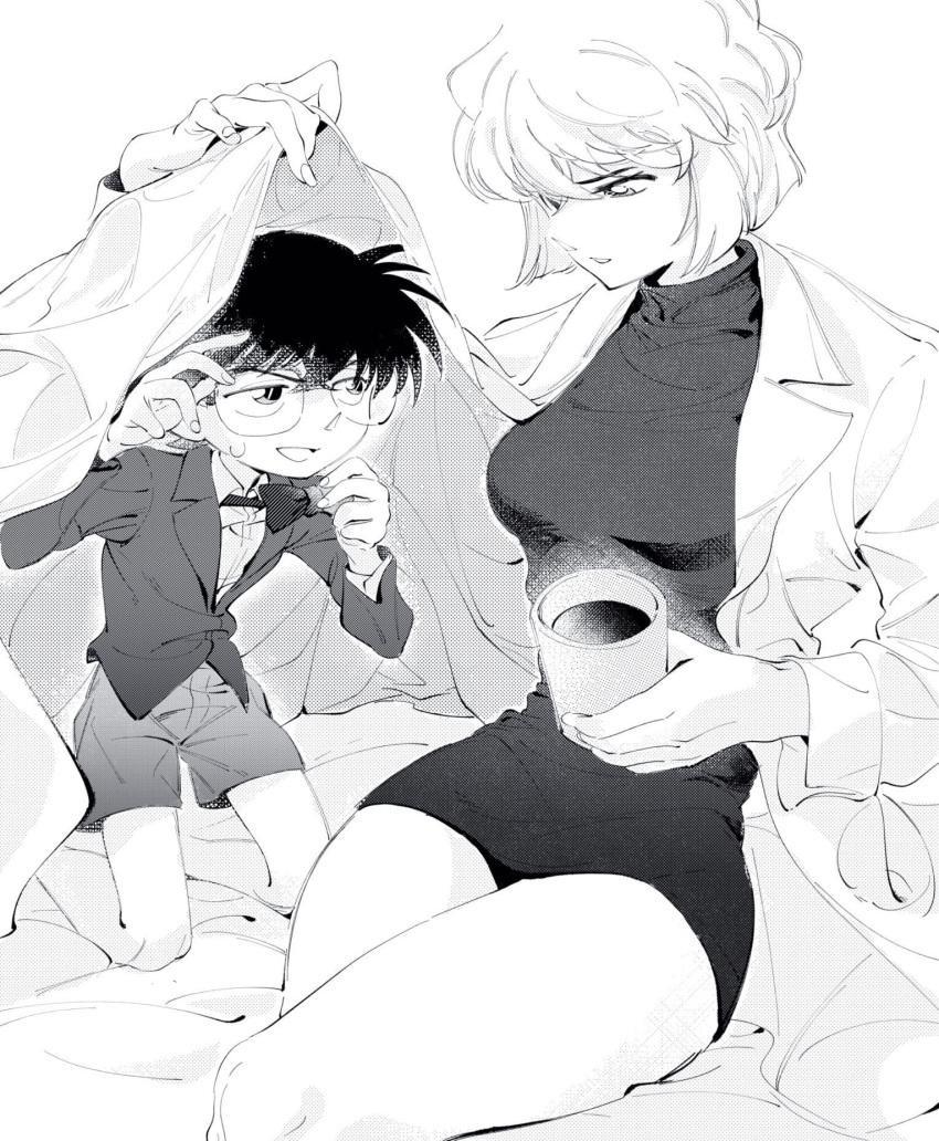 1boy 1girl age_difference black_hair blonde_hair bow bowtie character_request coffee_mug commentary cup dress ebi_draw edogawa_conan formal glasses greyscale highres looking_at_another meitantei_conan monochrome mug on_bed onee-shota short_hair shorts sitting sweat symbol-only_commentary turtleneck white_background